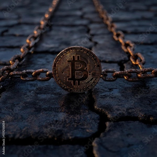 Obraz Bitcoin Coin on Rusty Chain Link Background in Dark Setting