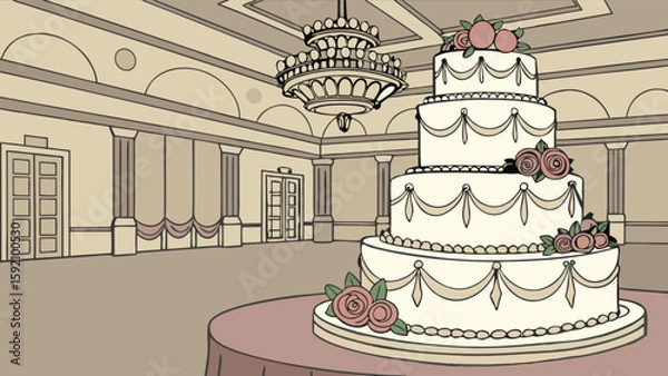 Obraz Wedding cake in ballroom illustration for event planning and party decoration design and celebration
