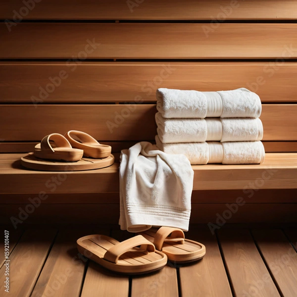 Obraz  Stacked wooden sauna towels and slippers on bench