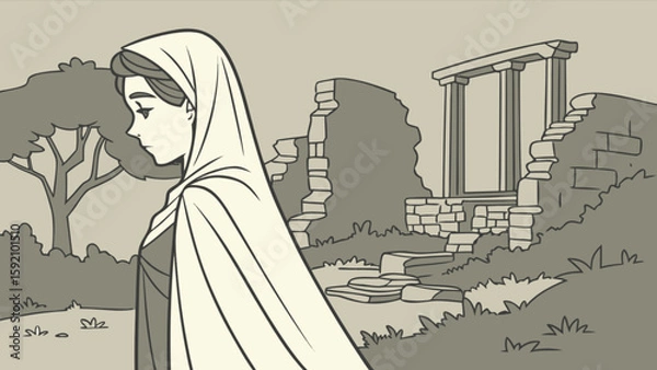 Fototapeta Ancient ruins woman cloaked figure illustration drawing art design background vector graphic image asset