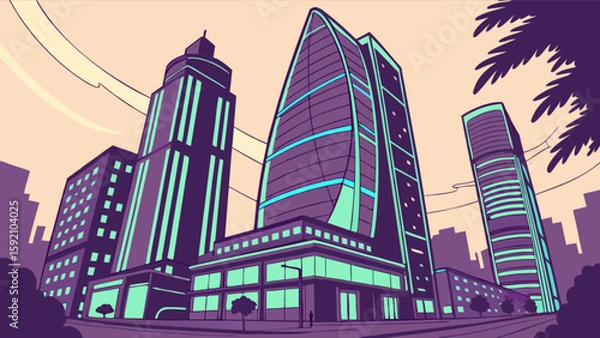 Fototapeta Cityscape illustration of modern architecture buildings and skyscrapers urban landscape design style art