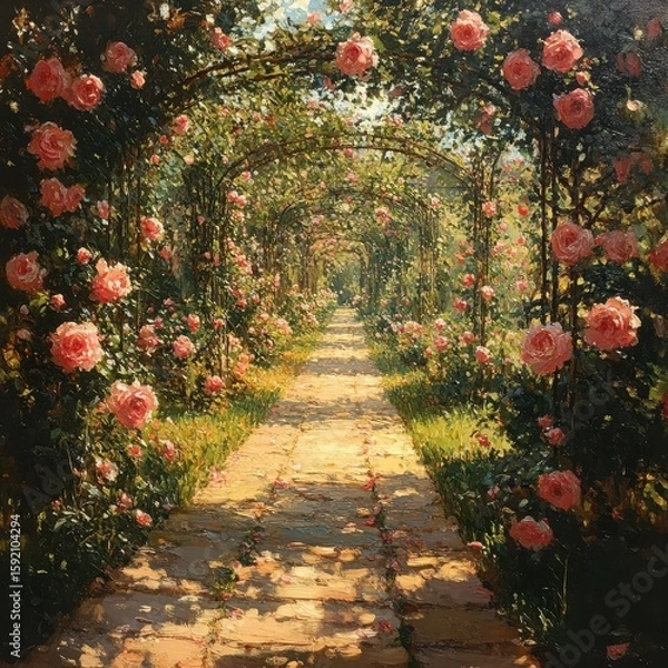 Fototapeta A picturesque pathway covered with rose arches leading into a distant light filled garden scene