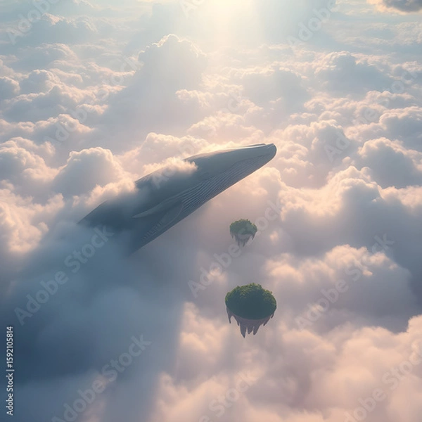 Fototapeta blue whale soars gracefully through a celestial sky, surrounded by soft, illuminated clouds and distant mountain peaks