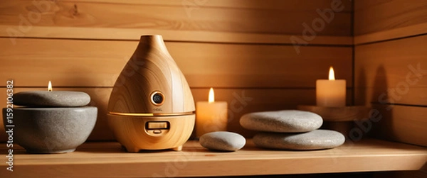 Fototapeta  Aroma diffuser and stones on a wooden sauna shelf