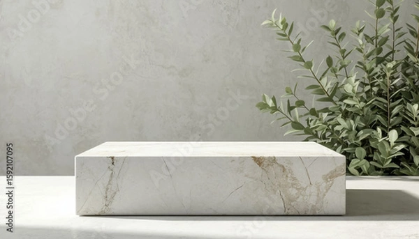 Fototapeta White marble podium for product presentation on light background with delicate greenery on pastel background