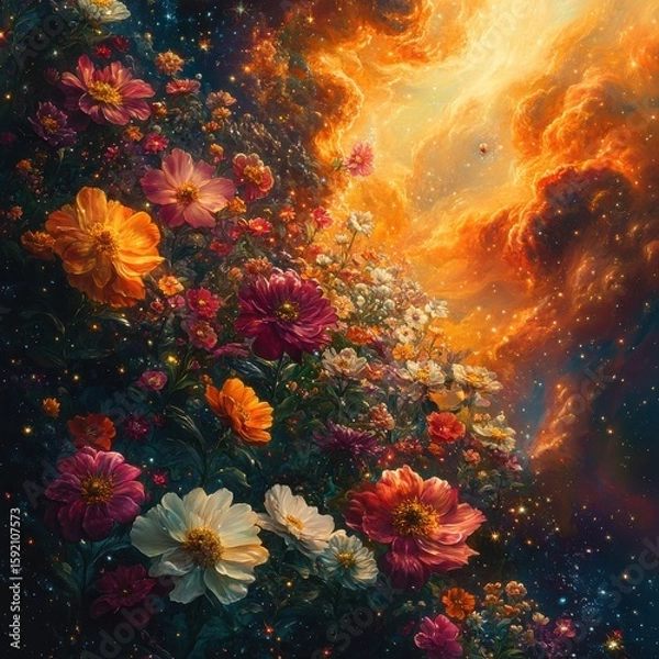 Obraz A vibrant floral display against a backdrop of celestial clouds and starry skies at twilight