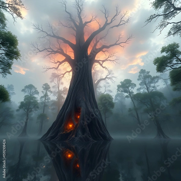 Fototapeta mystical forest scene unfolds with ancient, colossal trees shrouded in mist and fog