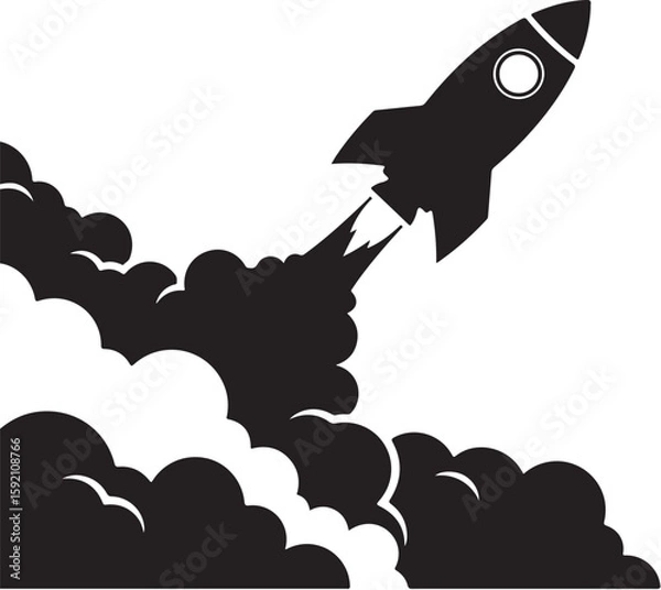 Obraz Rocket Launching into Space with Clouds of Smoke Depicting Lift Off and Ambition in a Simplistic Black and White Graphic