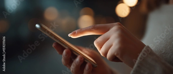 Fototapeta A detailed close-up showing a hand interacting with a smartphone in a softly lit indoor setting. 