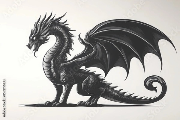 Fototapeta Illustration of a black dragon with large wings standing on a white background with a curled tail