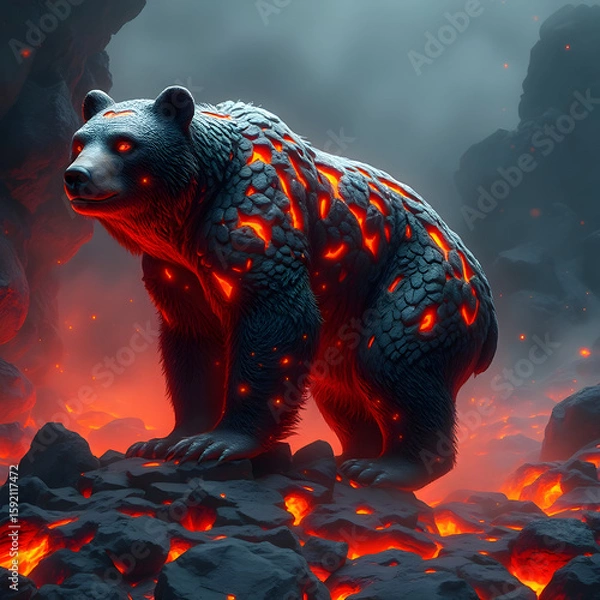 Fototapeta A fearsome lava bear with glowing red eyes and molten cracks across its obsidian-like hide stands powerfully amidst a fiery volcanic landscape