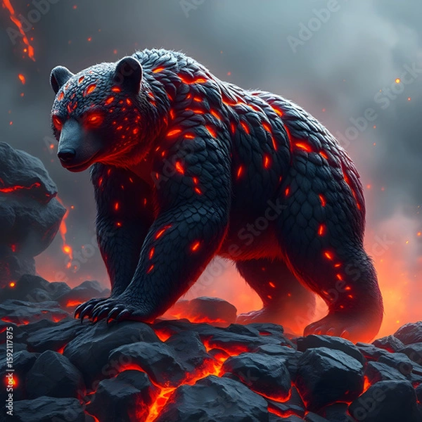 Fototapeta A fearsome lava bear with glowing red eyes and molten cracks across its obsidian-like hide stands powerfully amidst a fiery volcanic landscape