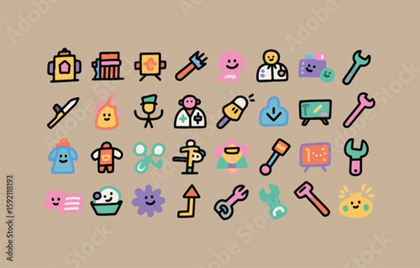 Fototapeta Happy colorful doodle icons: tools, professions, and everyday objects.