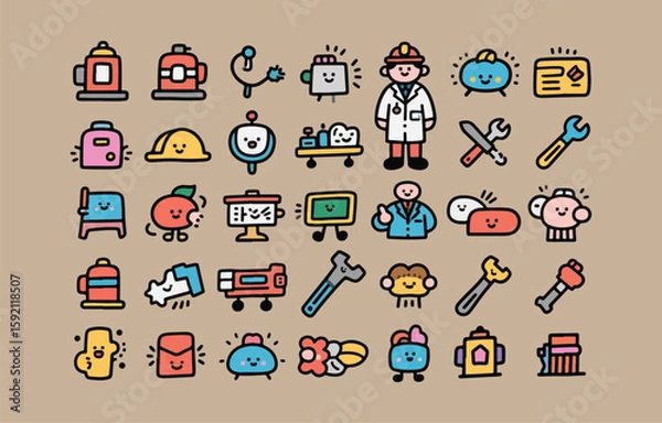 Fototapeta Cheerful cartoon icons: tools, professions, and objects; playful style; positive mood.