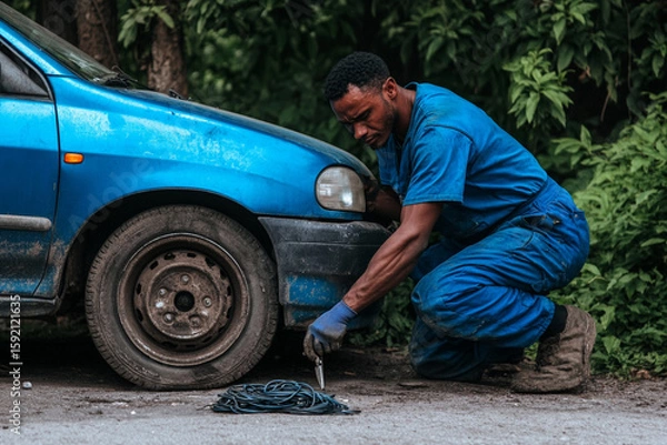 Obraz Mechanic repairs vehicle with pliers and wires in outdoor setting