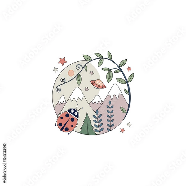 Fototapeta Scenery vector with mountain and ladybug