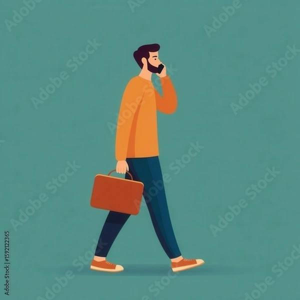 Fototapeta Businessman Walking and Talking on Phone with Briefcase in Hand