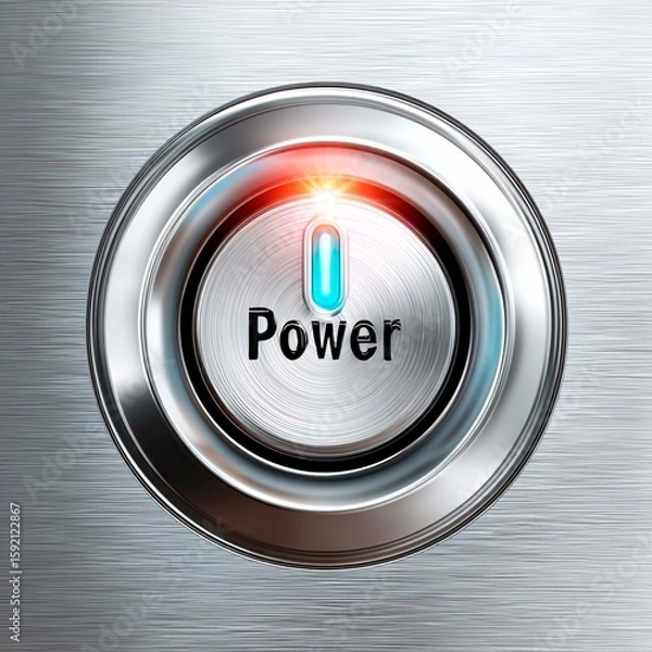 Fototapeta Metallic power button icon on/off on stainless steel background with metallic texture. Original website decor