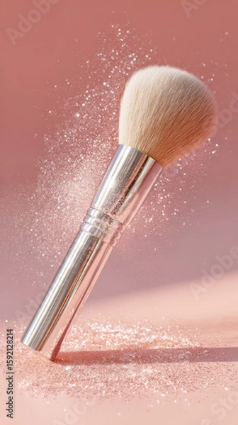 Obraz Cosmetic powder on a makeup brush with white bristles and a silver handle floats lightly on a pastel background. Powder explosion effect.