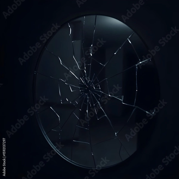 Fototapeta circular mirror shattered into countless sharp fragments, reflecting a distorted reality and hanging ominously on a muted blue wall