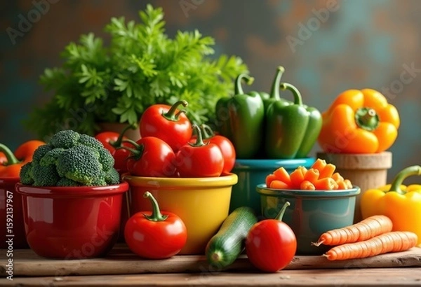 Fototapeta vibrant vegetable arrangements colorful glazed ceramics artistic still life, bright, tableau, decoration, handcrafted, design, tableware, fruit, bowl, plate