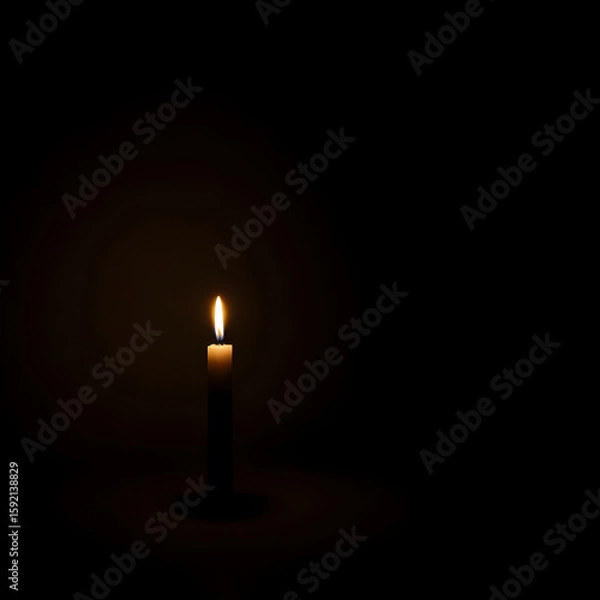 Fototapeta a lone, slender white candle stands upright in the profound darkness, its single flame casting a small,