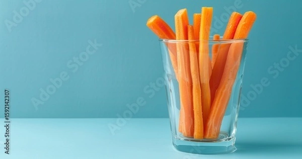 Fototapeta A crisp and simple design is created by the bright orange carrot sticks in a clear glass set against a gentle blue backdrop, Generative AI.