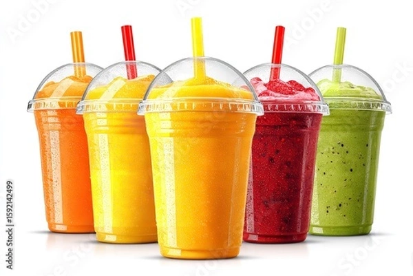 Fototapeta A cup with a set of fruit smoothies, orange juice, and straws, isolated on white, Generative AI.