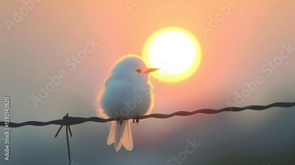 Fototapeta A Fluffy White Bird at Dawn Perched on a Wire, Generative AI.