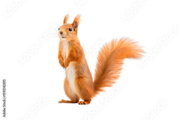 Fototapeta Eurasian red squirrel displays bright orange coat and distinctive ear tufts while in upright standing position, isolated on a transparent background