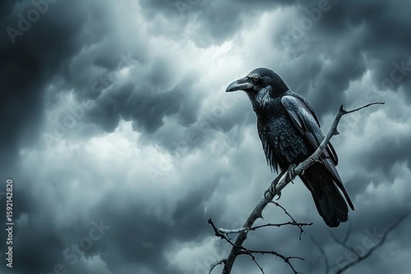 Fototapeta A gloomy, overcast sky is accompanied by a black crow perched on a bare branch, Generative AI.