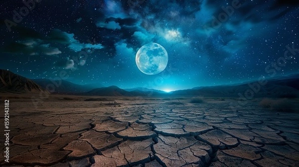 Fototapeta A landscape of cracked, parched dirt with a full moon and a starry night sky, surrounded by sporadic clouds and far-off mountains, Generative AI.