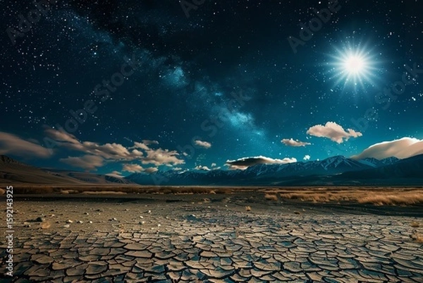 Fototapeta A landscape of cracked, parched dirt with a full moon and a starry night sky, surrounded by sporadic clouds and far-off mountains, Generative AI.