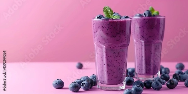 Fototapeta A pink background with two glasses of blueberry smoothie. using a blender to pour into a glass, Generative AI.