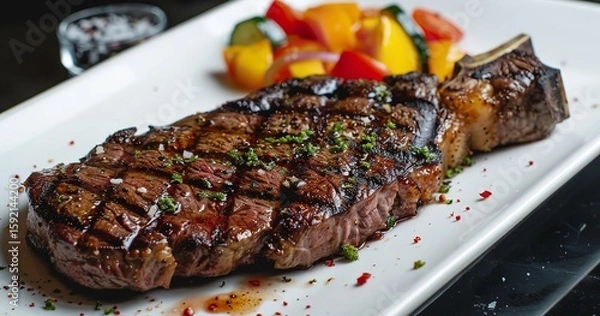 Fototapeta A solitary grilled steak on a white rectangle plate, Generative AI.