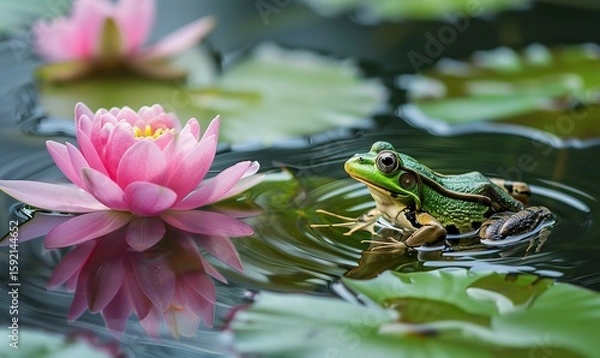 Fototapeta A tranquil pond image features a green frog perched on a lily pad amid water ripples and pink lotus blossoms, Generative AI.