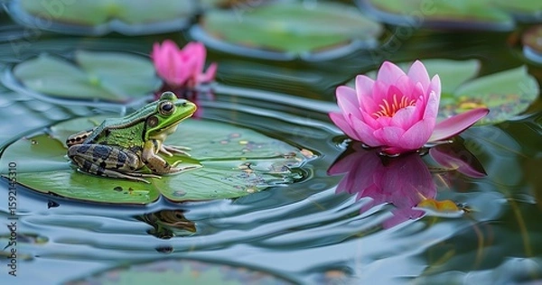 Fototapeta A tranquil pond image features a green frog perched on a lily pad amid water ripples and pink lotus blossoms, Generative AI.