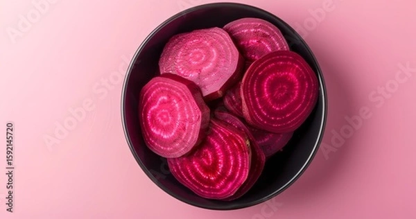 Fototapeta Against a backdrop of pastel pink, a black bowl containing sliced beets displays circular patterns and vivid magenta tones, Generative AI.