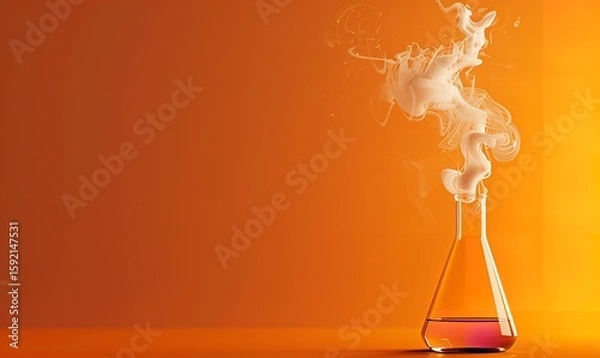 Fototapeta An orange background contrasts with white smoke coming from a glass flask in this simple scientific idea illustration, Generative AI.