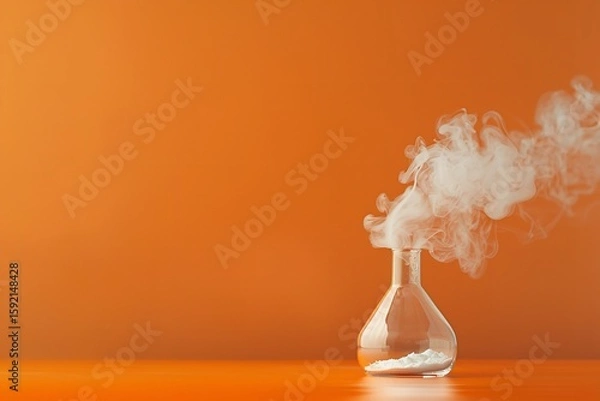 Fototapeta An orange background contrasts with white smoke coming from a glass flask in this simple scientific idea illustration, Generative AI.