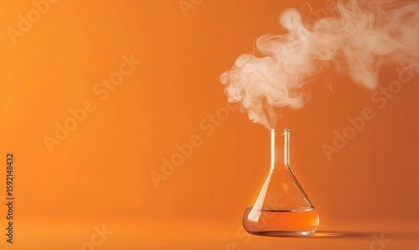 Fototapeta An orange background contrasts with white smoke coming from a glass flask in this simple scientific idea illustration, Generative AI.