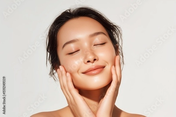 Fototapeta 満足そうな表情を浮かべる30代の女性（スキンケア・美肌・効果・白背景）