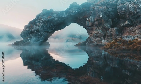 Fototapeta At dawn, a rock arch in fog with water reflected in it, Generative AI.