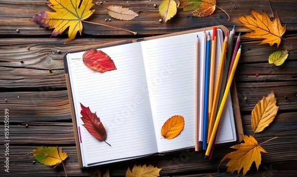 Fototapeta Autumn leaves and colored pencils in an open sketchbook on a wooden table, Generative AI.