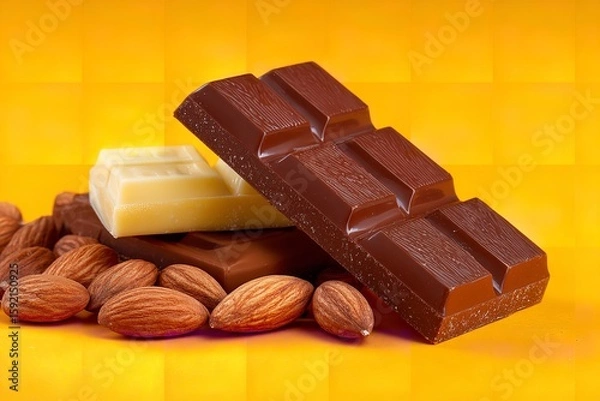 Fototapeta Big chocolate bars and almonds isolated on a vivid background, Generative AI.