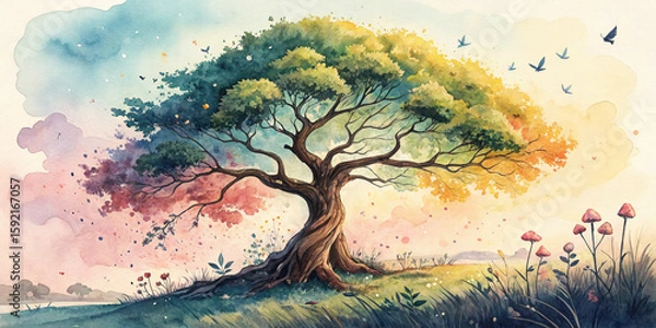 Fototapeta Whimsical watercolour tree with colourful foliage, abstract birds, and dreamy mushrooms — perfect for nature, fantasy, and creative design themes.