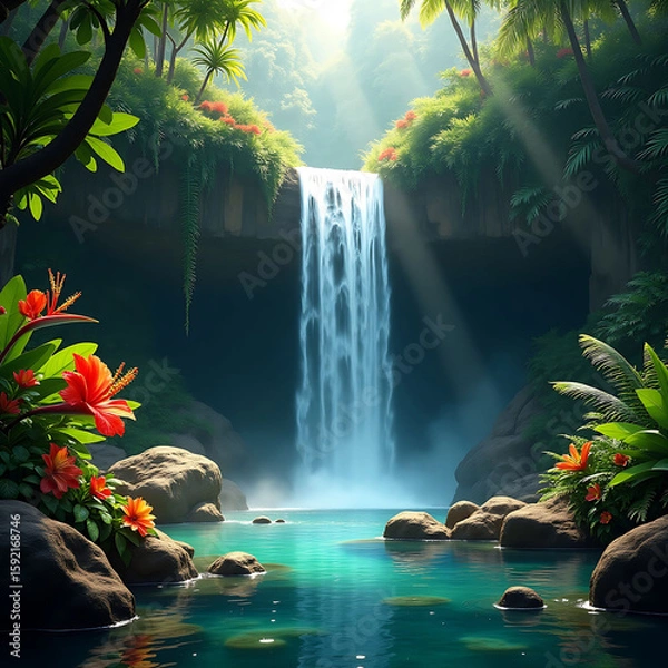 Fototapeta Lush Tropical Waterfall Cascading into a Serene Pool