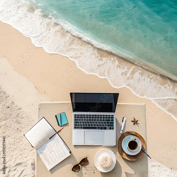 Obraz laptop on the beach with the coffee and other things.
