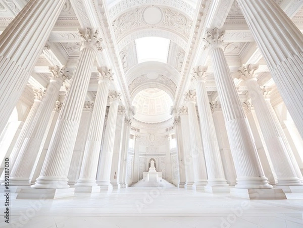 Fototapeta Explore the architectural marvel of an all white building with towering columns and light