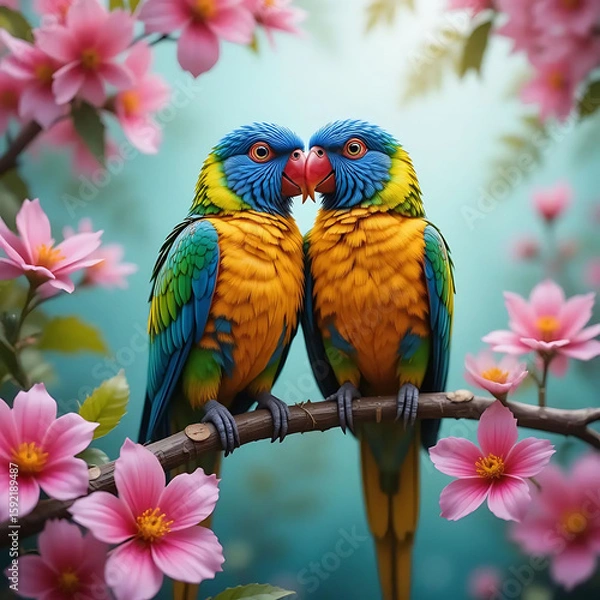 Fototapeta Colorful Parrots on a Branch with Blossoms